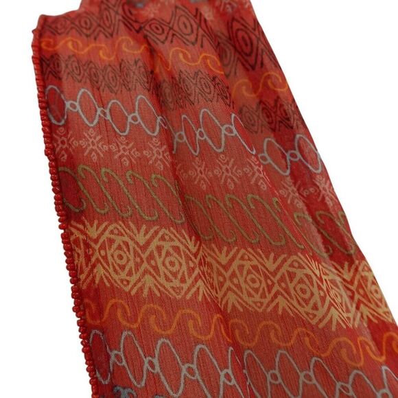 Talbots Vibrant Red Orange Geometric Beaded Scarf 4.5" x 72" - Picture 2 of 7
